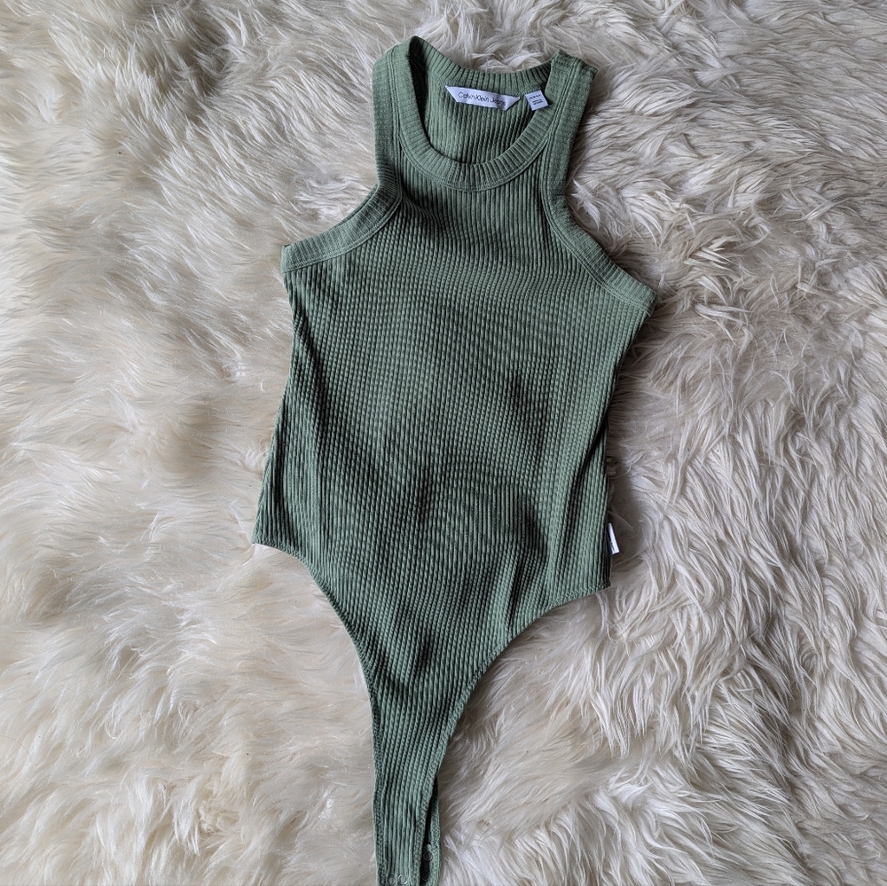 calvin klein jeans green ribbed halter neck bodysuit top